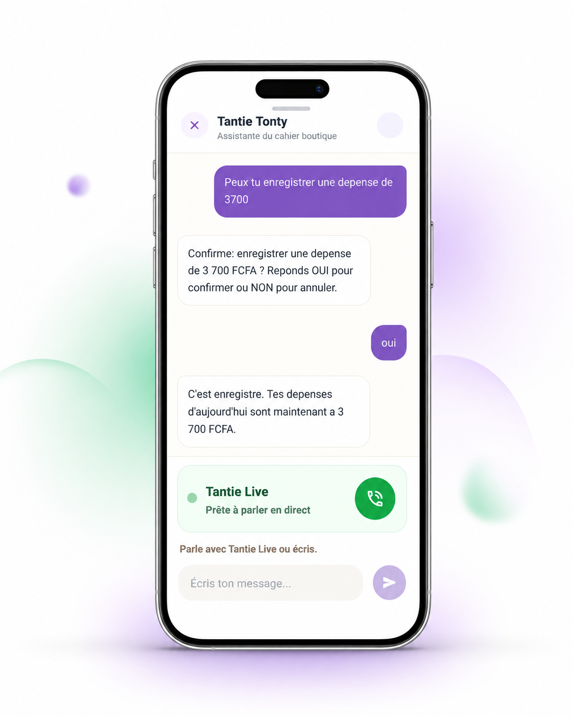 Écran de l’application : conversation vocale avec Tantie